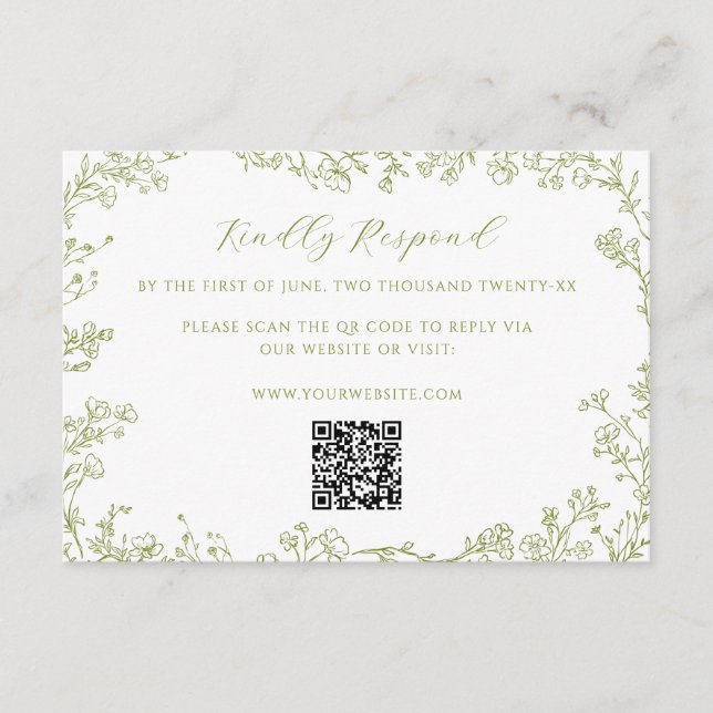 Olive Green Floral Line Art Wedding QR Code Tilläggskort (Framsida)