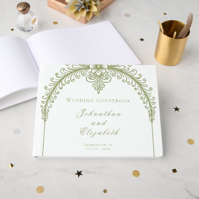 Olive Green French Flourish Arch Wedding Gästböcker (Framsida Öppen)