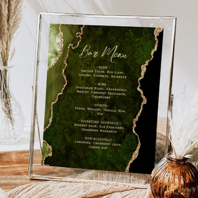 Olive Green Gold Agate Script Wedding Bar Menu  Poster (Skapare uppladdad)