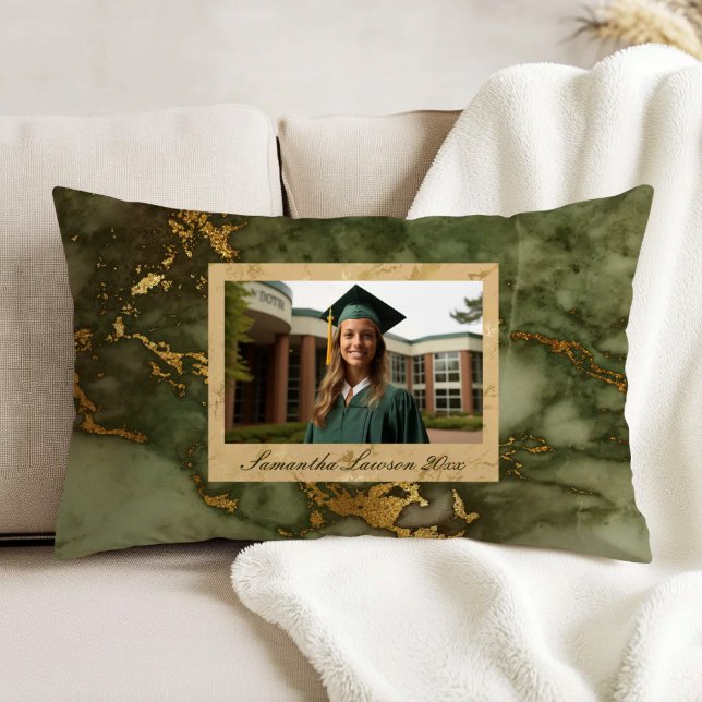 Olive Green Gold Marble Custom Graduation Photo Prydnadskudde (Skapare uppladdad)