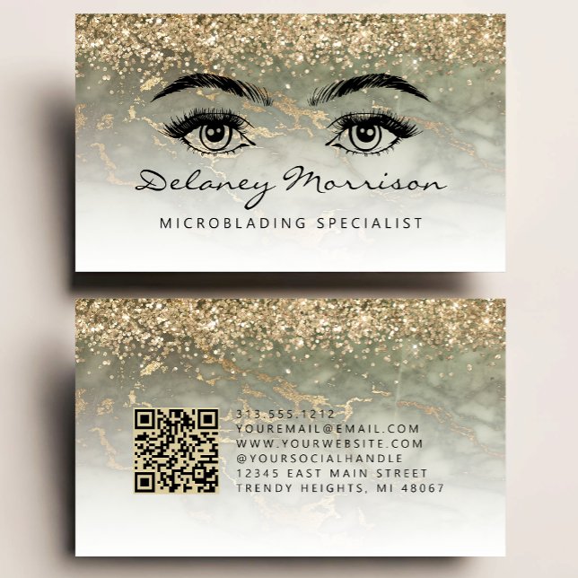 Olive Green Gold Marble Eyes QR Code Microblading Visitkort (Skapare uppladdad)