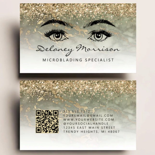 Olive Green Gold Marble Eyes QR Code Microblading Visitkort (Skapare uppladdad)
