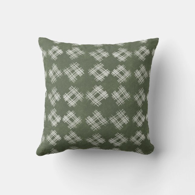 Olive Green Hand-Drawn Rustic Checkered Pattern Kudde (Baksida)