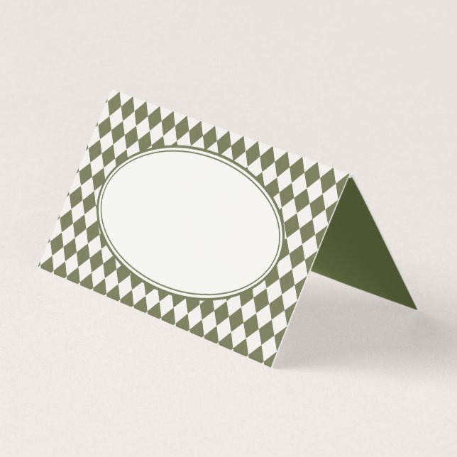 Olive Green Harlequin Checkered Folded Place Cards Kort (Framsida)