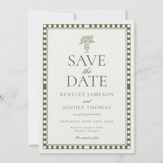 Olive Green Harlequin Checkered Save the Date Inbjudningar (Framsida)