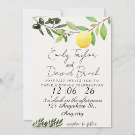 olive green leaf branch and Lemon wedding Inbjudningar