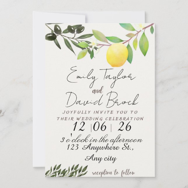 olive green leaf branch and Lemon wedding Inbjudningar (Framsida)