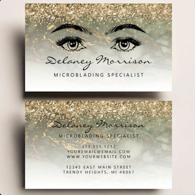 Olive Green Marmor Guld Glitter Ögon Microblading Visitkort (Skapare uppladdad)