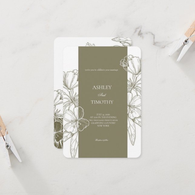 Olive Green Minimalist Floral Wedding Invitation Inbjudningar (Fram/Back In Situ)