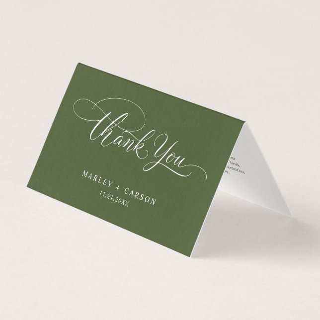 Olive Green Modern Script Wedding Folded Thank You Kort (Framsida)