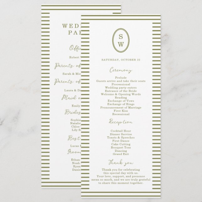 Olive Green Modern Wedding Program Card (Fram/baksida)