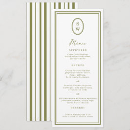 Olive Green Monogram Long Wedding Menu Card Inbjudningar