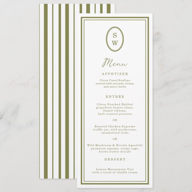 Olive Green Monogram Long Wedding Menu Card Inbjudningar (Fram/baksida)