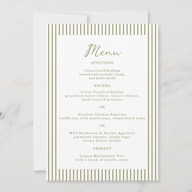 Olive Green Monogram Wedding Menu Card Inbjudningar (Framsida)