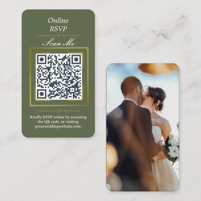 Olive Green | Photo Online RSVP QR Code Wedding  Tilläggskort (Fram/baksida)