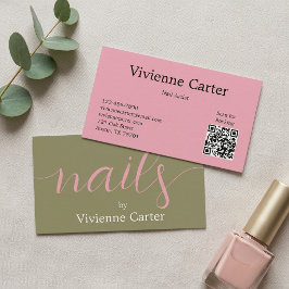 Olive Green Pink Script Nagelkonstnär Visitkort
