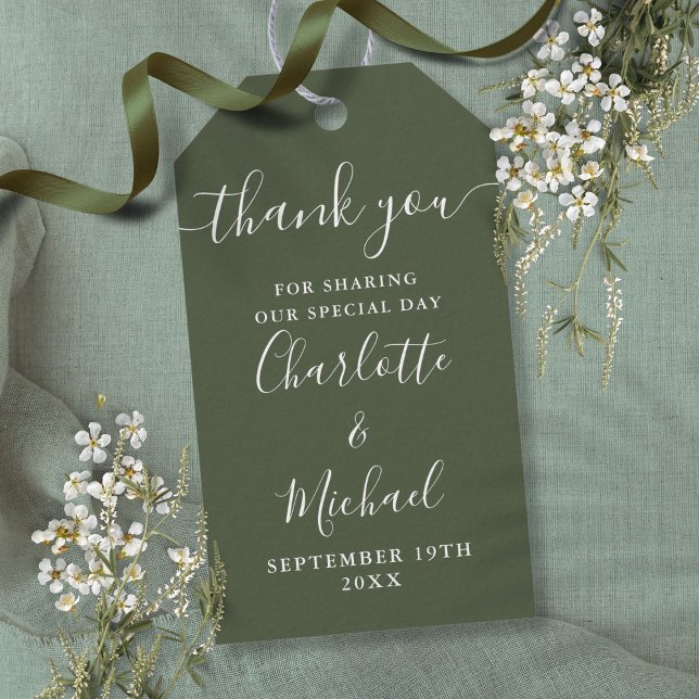 Olive Green Script Tack för bröllopsgåva Presentetikett (Olive Green Script Thank You Wedding Favor Gift Tags)