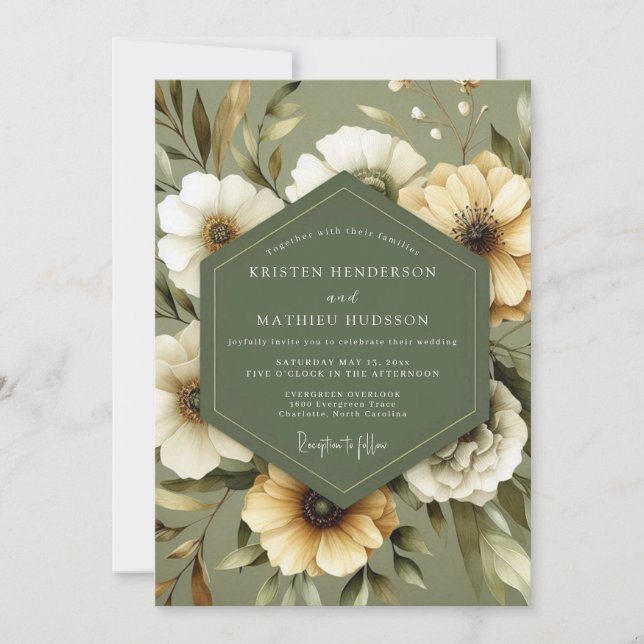 Olive Green Serene Bloom Wedding Inbjudningar (Framsida)