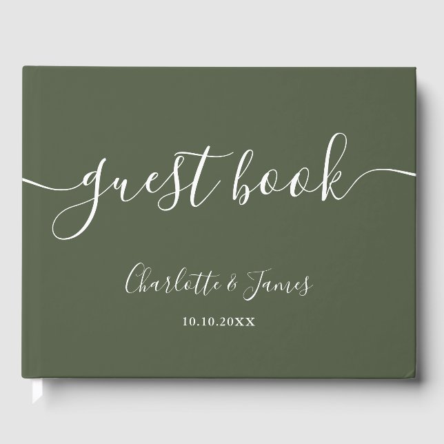 Olive Green Signature Script Bröllop Gästböcker (Framsida)