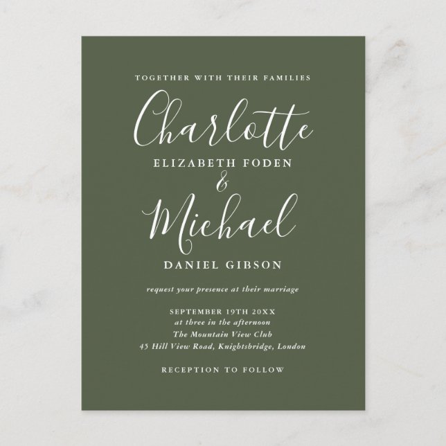 Olive Green Signature Script Bröllop Inbjudan Vykort (Framsida)