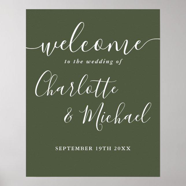 Olive Green Signature Script Bröllopsväxlingsskylt Poster (Framsidan)