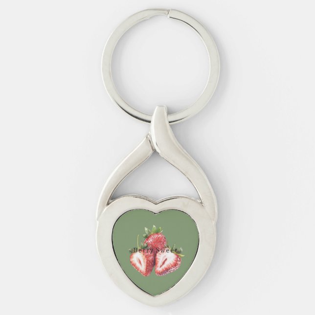 Olive Green Strawberries Berry Sweet   Twisted Heart Silverfärgad Nyckelring (Framsidan)