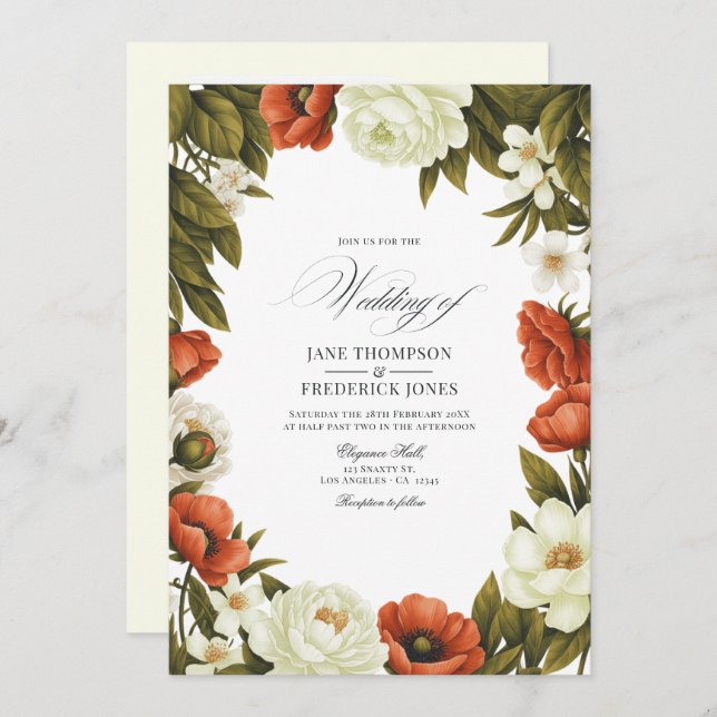 Olive Green Terracotta & Soft Ivory Floral Wedding Inbjudningar (Fram/baksida)