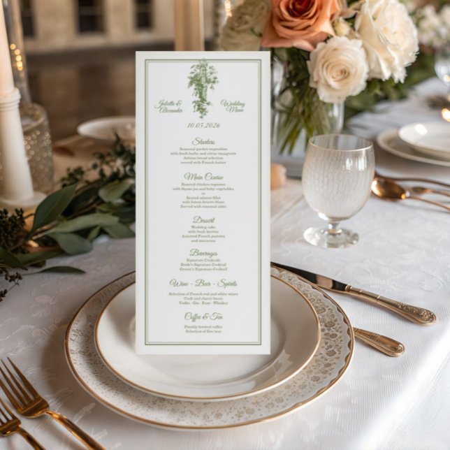 Olive Green Toile de Jouy Wedding Menu Card Meny (Skapare uppladdad)