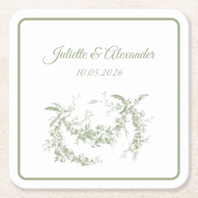 Olive Green Toile de Jouy Wedding Paper Coasters Underlägg Papper Kvadrat (Framsidan)