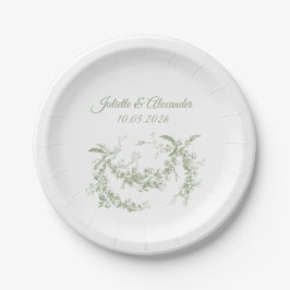 Olive Green Toile de Jouy Wedding Paper Plates