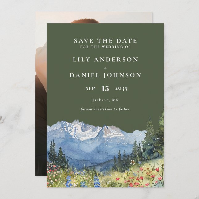 Olive Green Watercolor Mountain Photo Wedding Spara Datumet (Fram/baksida)