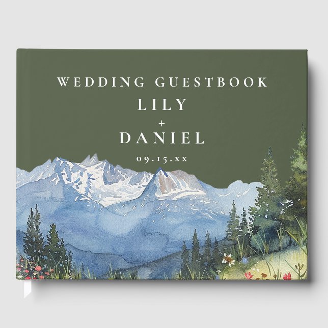 Olive Green Watercolor Mountain Wedding Photo Gästböcker (Framsida)