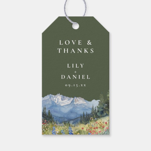 Olive Green Watercolor Mountain Wildflower Wedding Presentetikett (Framsidan)