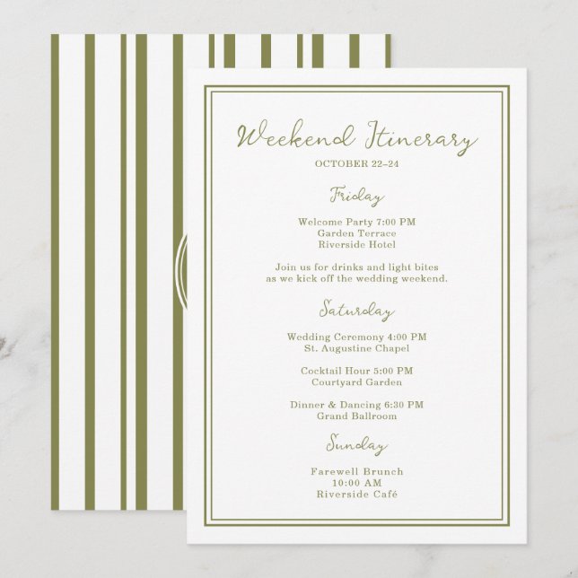 Olive Green Wedding Weekend Itinerary Card Inbjudningar (Fram/baksida)