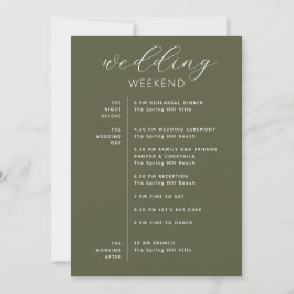 Olive Green Wedding Weekend Timeline & Welcome Inbjudningar