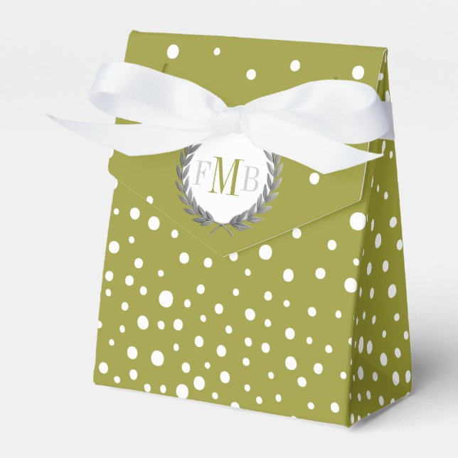 Olive green, white polka dot pattern wedding fav presentaskar (Framsidan Sidan)