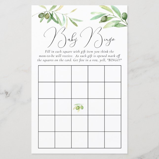 Olive gren Baby Shower Bingo Game (Framsida)
