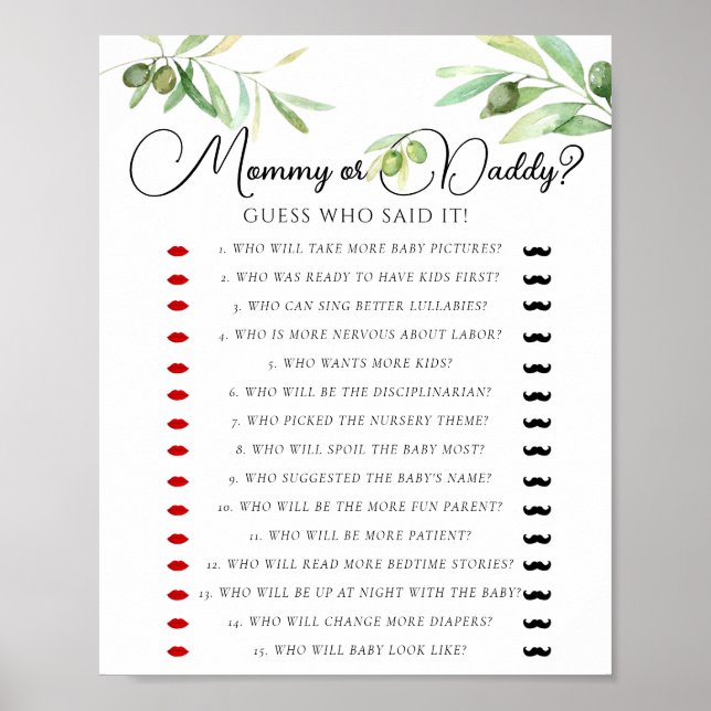 Olive gren Baby Shower Mamma eller pappa Game Poster (Framsidan)