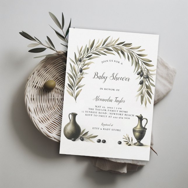 Olive Gren Boho Arch Urns Neutralt Baby Shower Inbjudningar (olive branch gender neutral baby shower invitation boho arch watercolor modern minimalist elegant)