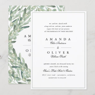 Olive Gren Botanical Grey Elegant bröllop Inbjudningar