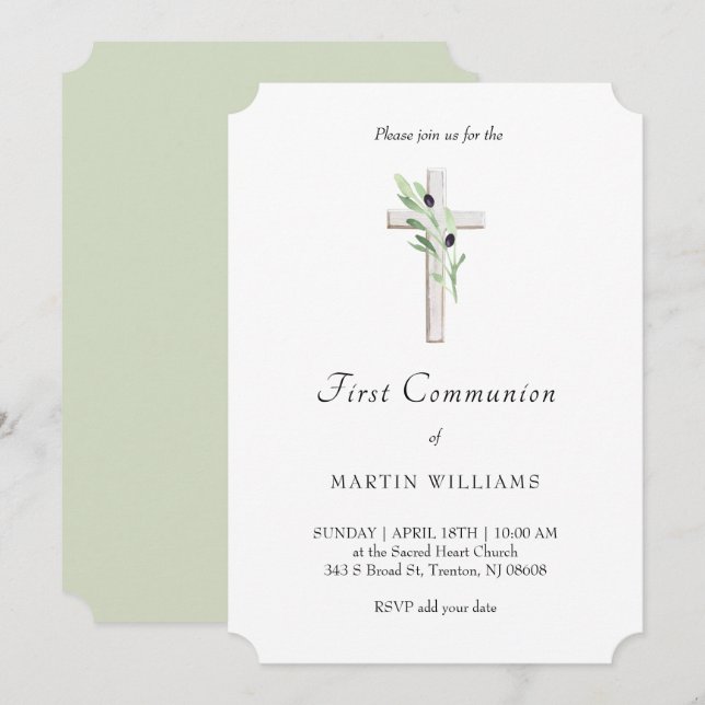 Olive gren katolska Heliga Kor Första kommunen Inbjudningar (Fram/baksida)