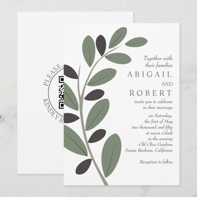 Olive gren Mediterranean charm QR-kod bröllop Inbjudningar (Fram/baksida)