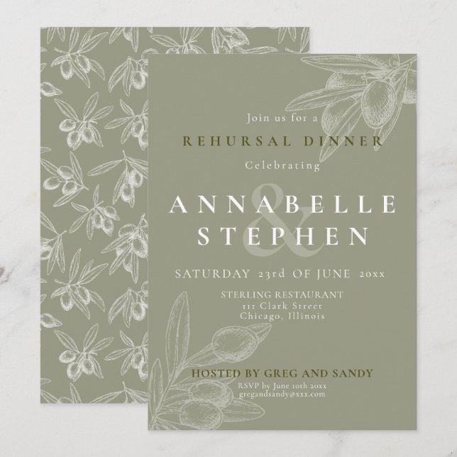 Olive Gren Mediterranean Chic Rehearsal Middag Inbjudningar (Fram/baksida)