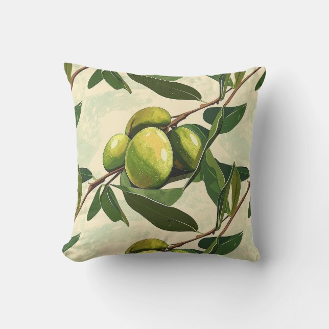 Olive Gren Mönster med Grönt Löv Kudde (Framsida)