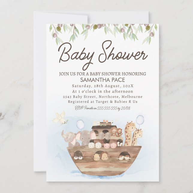 Olive Gren Noahs Ark Boys Baby Shower Inbjudningar (Framsida)