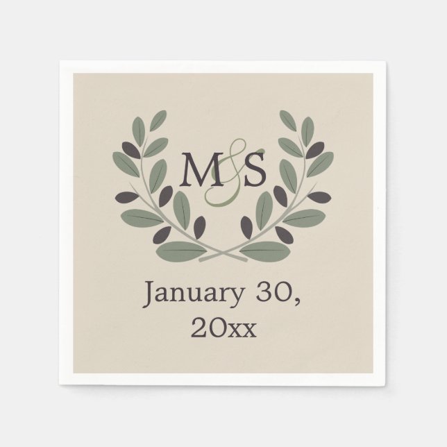 Olive gren-utandning med initialer bröllop pappersservett (Framsidan)