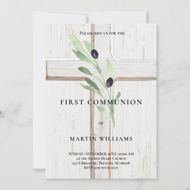 Olive gren wood Kor First Heliga Communion Invit Inbjudningar (Framsida)