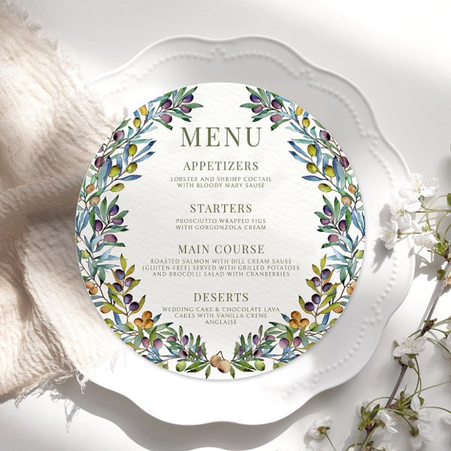 Olive grenar italienska boho round Menu Card Plate Meny (Skapare uppladdad)