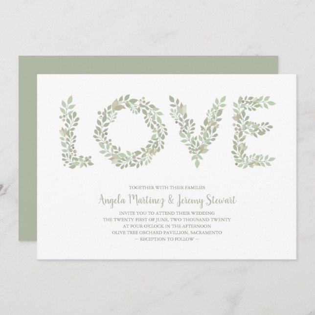 Olive Grenar KÄRLEK Collection Grönt Inbjudningar (Fram/baksida)