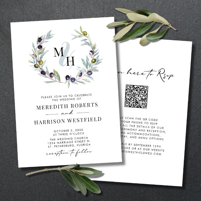Olive Grenar Monogram WAN Bröllop Inbjudningar (Wedding Invitation QR Code RSVP Olive Branch Wreath Monogram Logo Ampersand White)